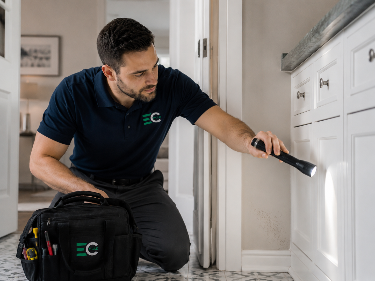Inspector using a flashlight to examine mold growth under a kitchen cabinet
