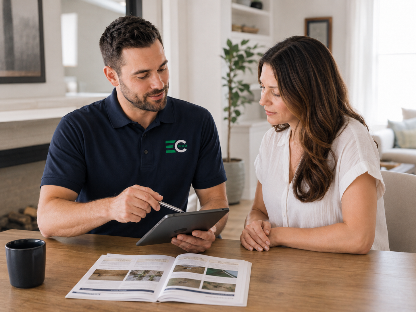 Inspector reviewing the mold inspection report with a homeowner at her kitchen table