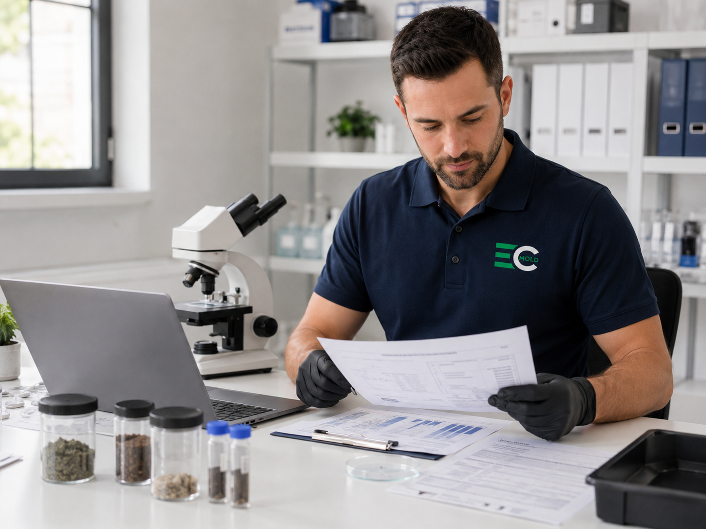 Lab technician reviewing mold sample analysis reports next to a microscope