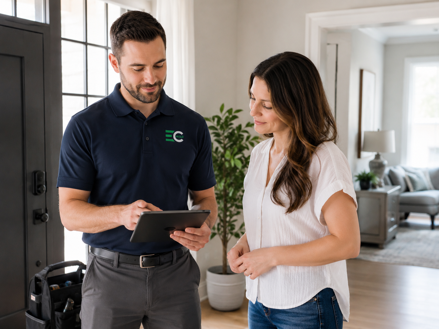 EnviroCheck Mold inspector greeting homeowner at the front door with a tablet