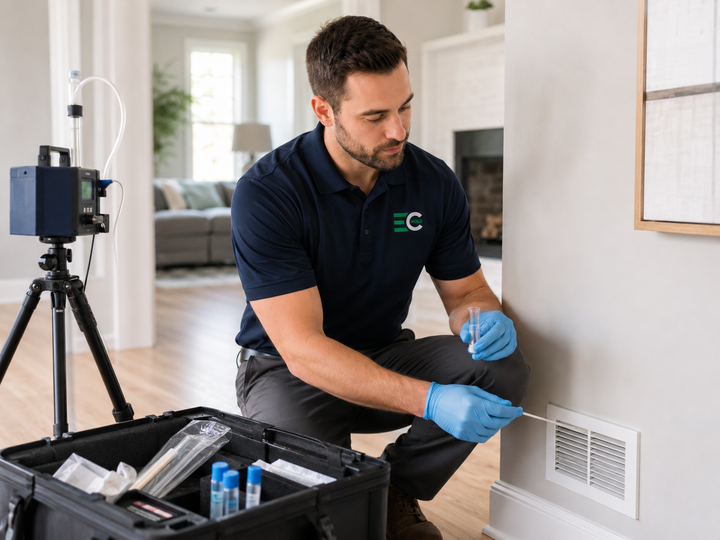 Technician collecting an air quality mold sample near a vent with gloves and a testing pump