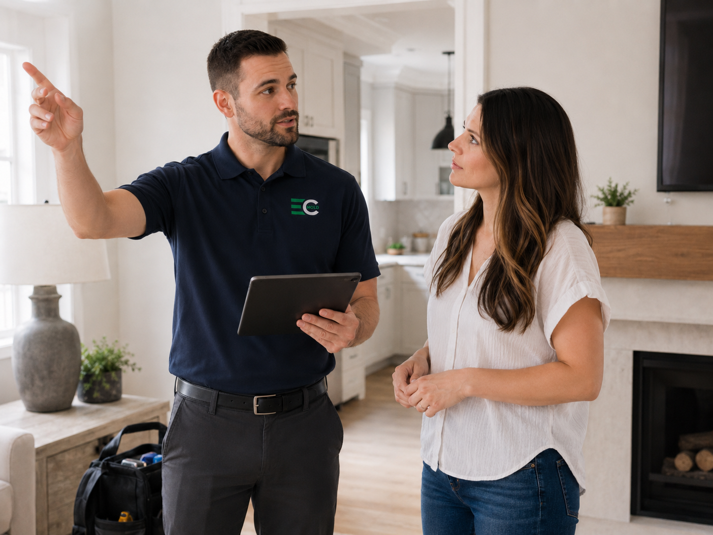 Mold inspector walking a client through their home and pointing out areas of concern